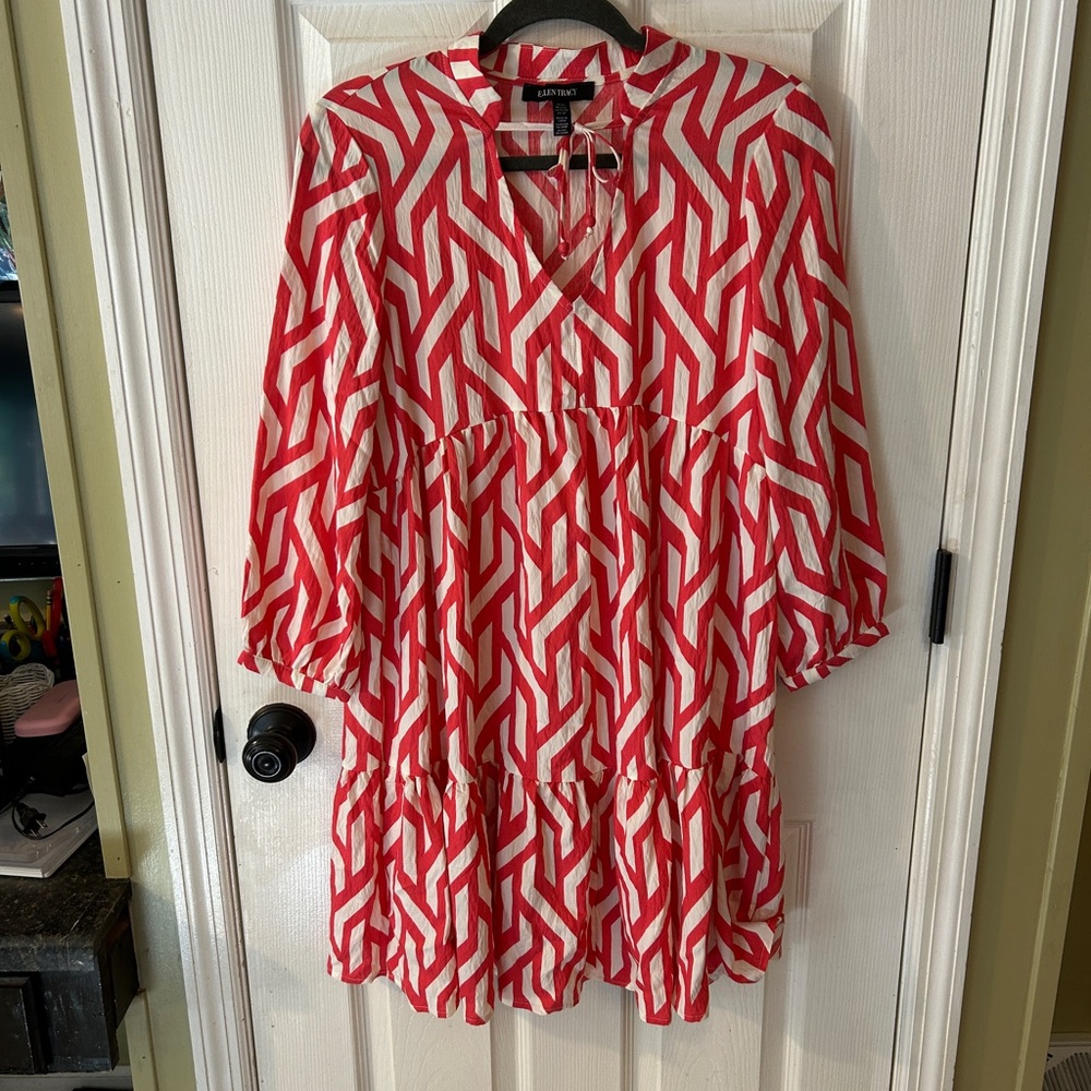 Ellen Tracy Coral NWT 3/4 Sleeve Preppy Geometric Midi Dress XS NEW WITH TAGS